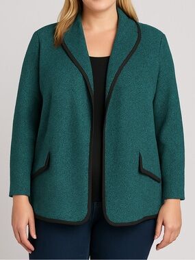 Vintage Wool Green Knit Open-Front Blazer with Black Trim Sz XL